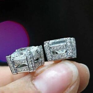 3.79Ct+ Emerald Cut Square Austrian Crystal VVS Simulated Diamond Studs Earrings